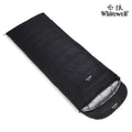 Black outdoor sleeping bag with white goose down filler and nylon shell.
