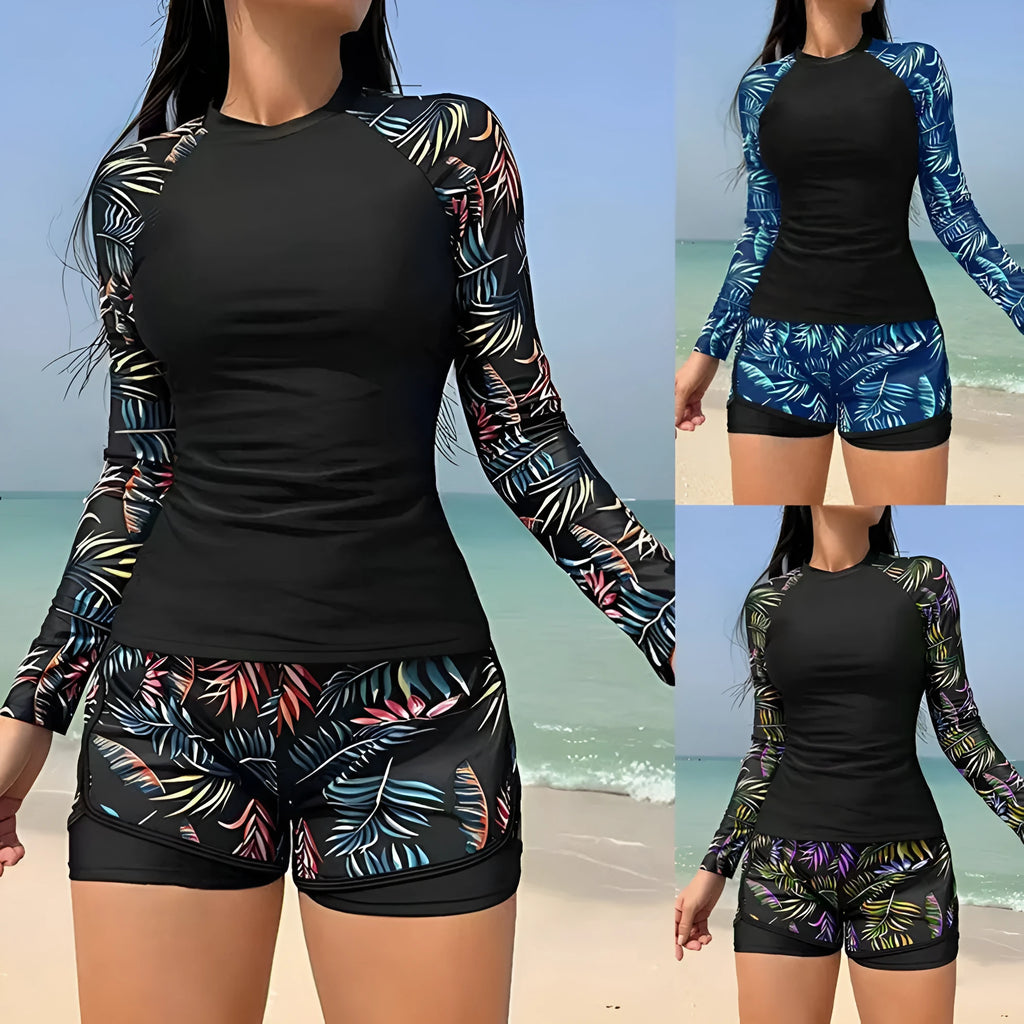 Printed stitching women's split tankini swimsuit in Orange Blue Leaves polyester, top and briefs set
