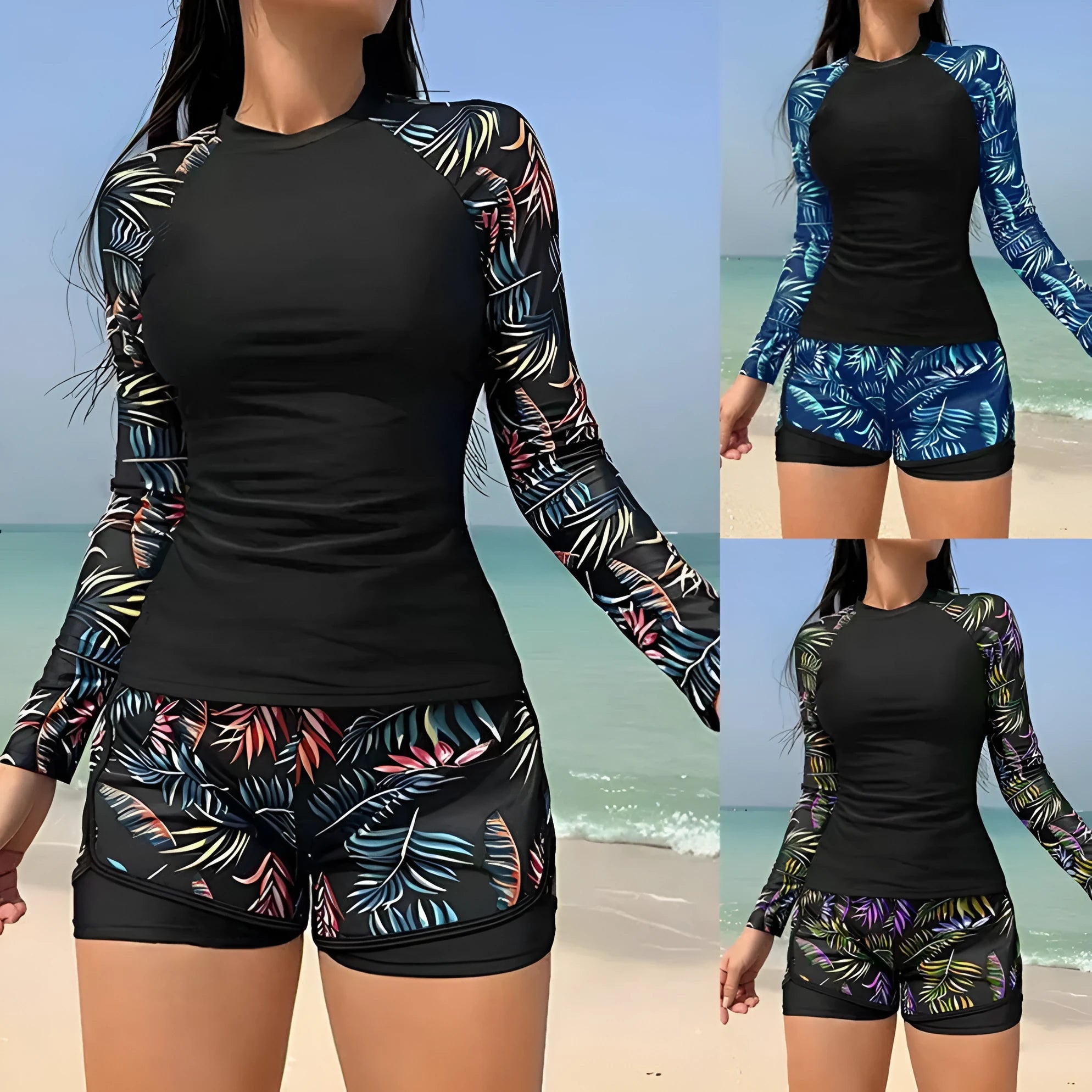 Printed stitching women's split tankini swimsuit in Orange Blue Leaves polyester, top and briefs set