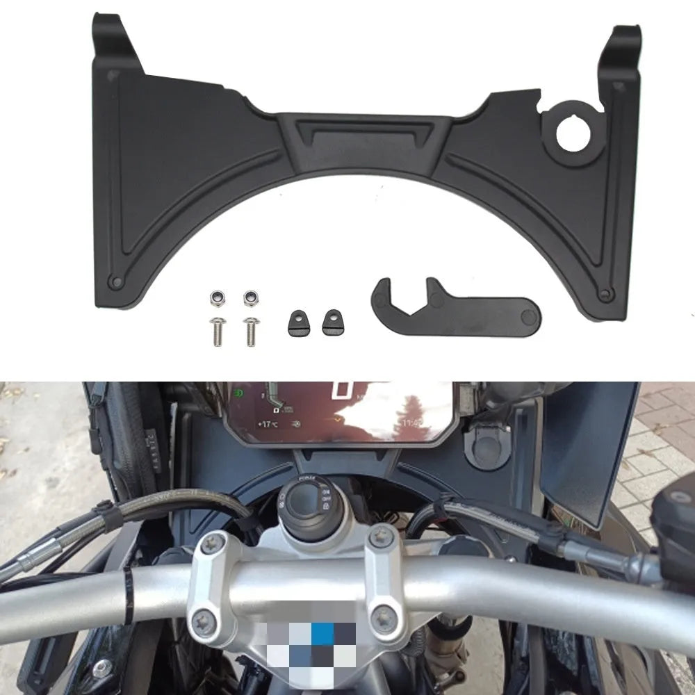 Black ABS plastic cockpit fairing mounted on a BMW R1250GS motorcycle, showing integrated design.