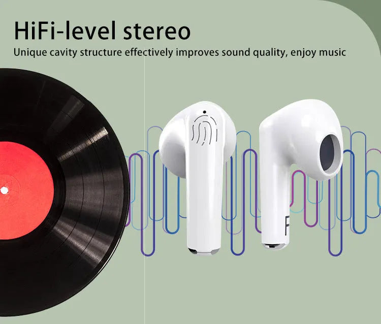 White wireless Bluetooth earphones and charging case on a table, showing semi-in-ear design.