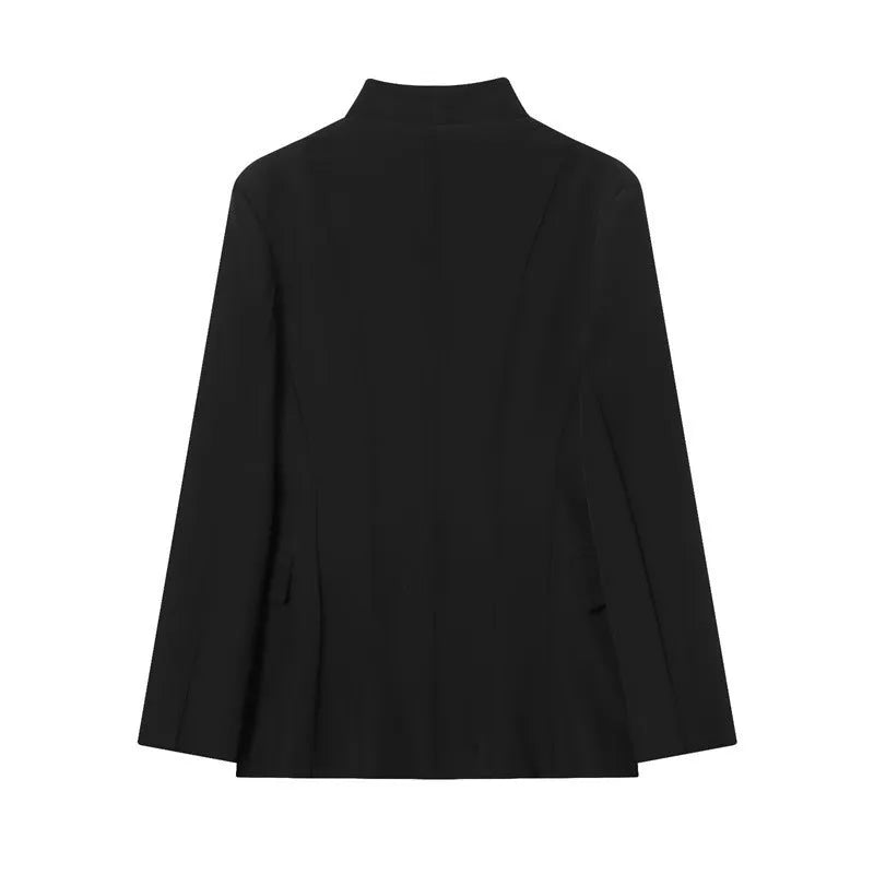 Women's black long sleeved loose fit suit jacket with polyester blend fabric