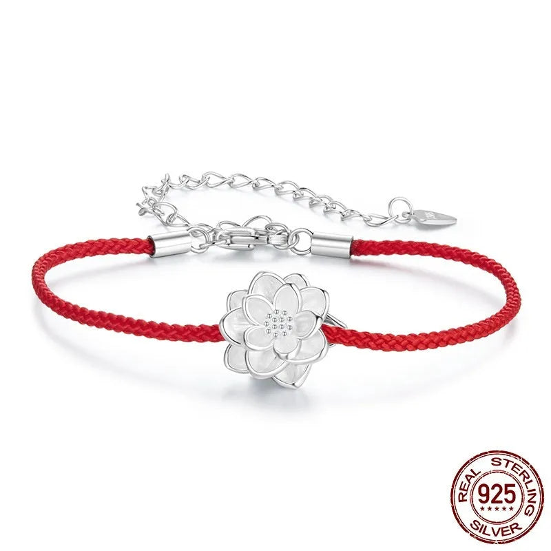 Original S925 silver lotus red rope bracelet for women, simple floral design on white background