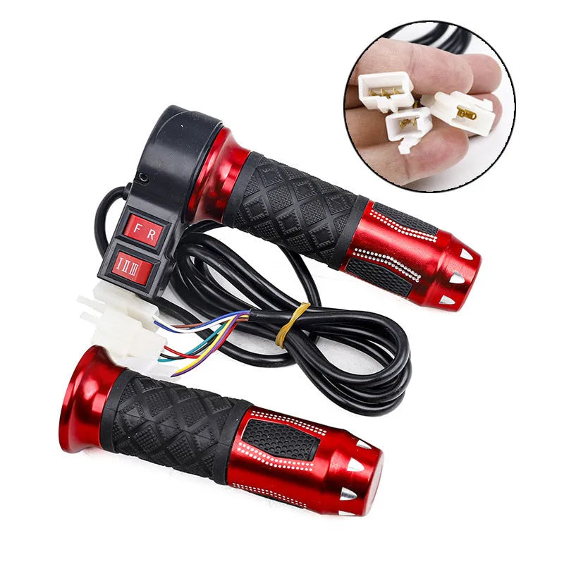 Three-speed rotating plastic handle for three-wheel electric vehicle acceleration control, with 3-wire plug connector.