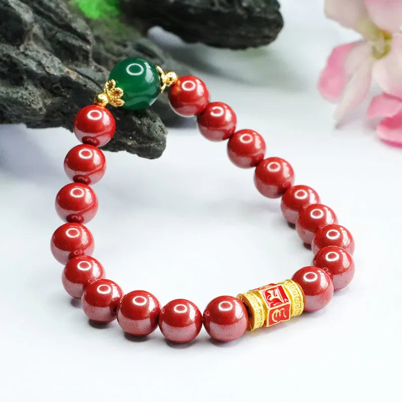 Emperor sandstone cinnabar bracelet with six-word motto engraving showing electroplated finish