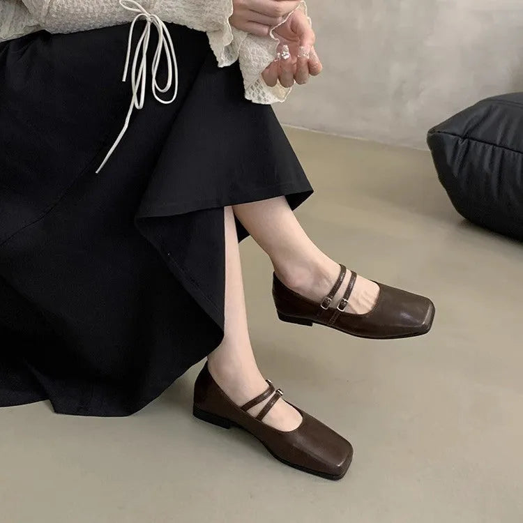 French style women's low heel square toe shoes in silver, black, and brown