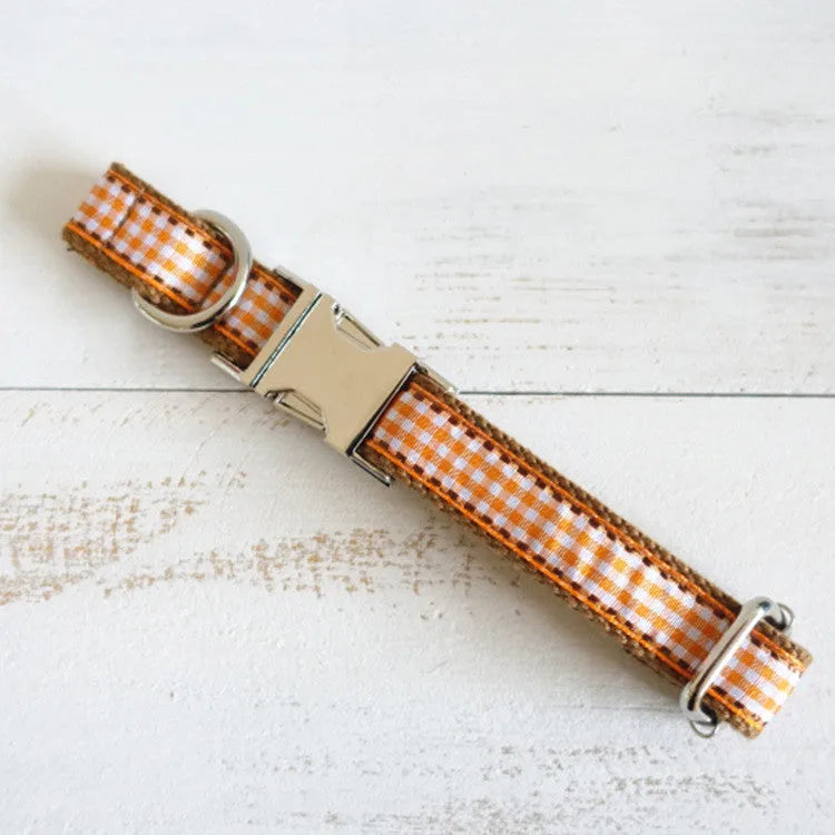 Brown small plaid polyester dog collar with British style pattern on white background