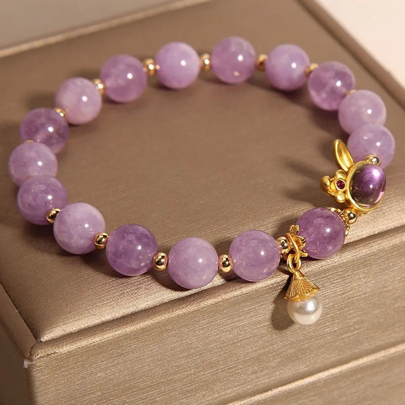 Mori style mauve jade rabbit bracelet with hare head crystal charm on adjustable band