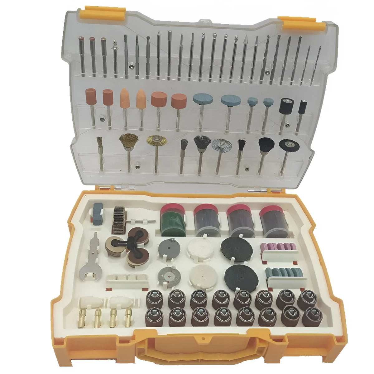 302 piece electric grinding accessories box with polishing, cleaning, carving, sharpening, drum and drill pieces for rotary tools