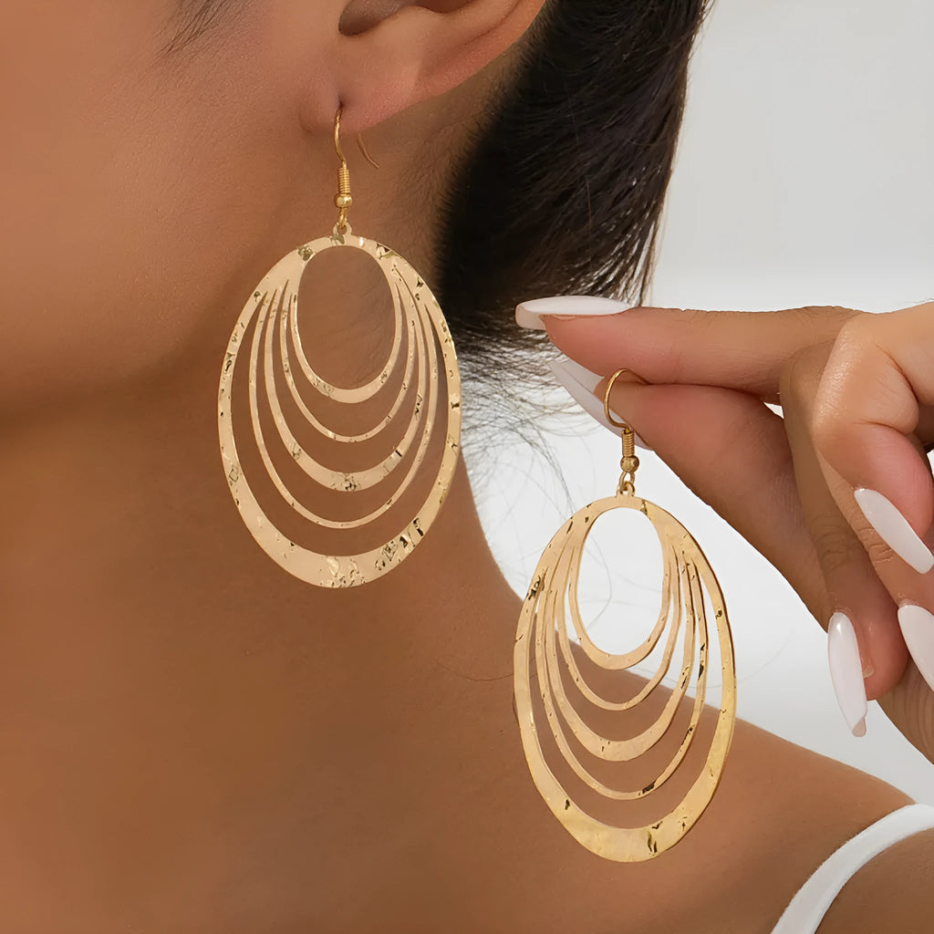 3 layer hollow oval gold dangle earrings with alloy and stainless steel construction
