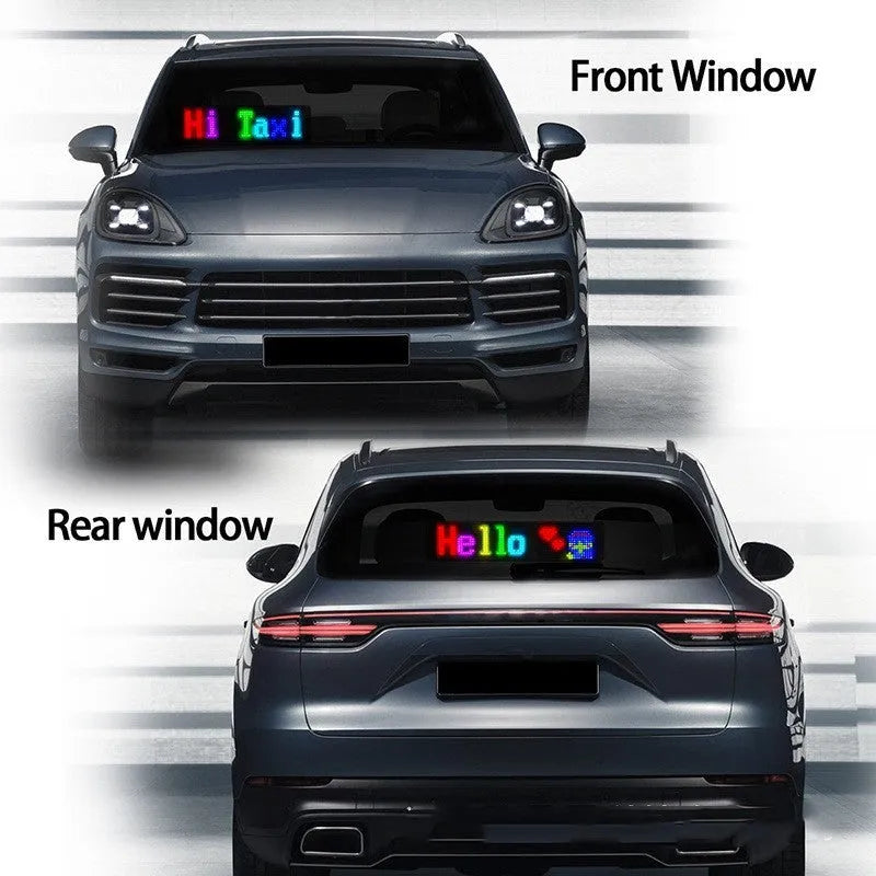 Programmable LED car display showing custom text on bendable ultra-thin screen with USB connection