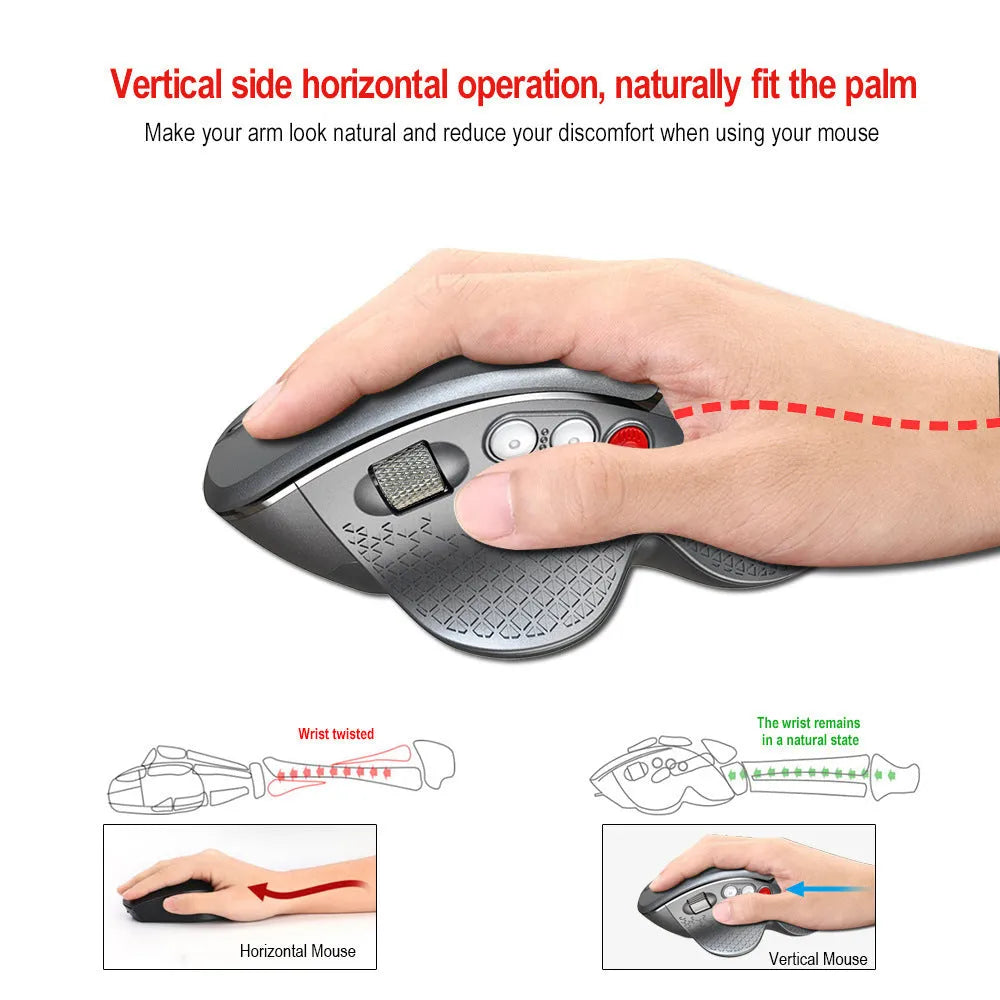 T32 wireless vertical ergonomic mouse in black matte texture showing aluminium side roller and 2.4GHz USB receiver.