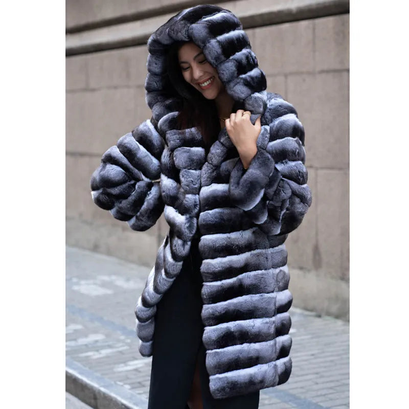 Women's zebra stripe pattern artificial mink fur overcoat with regular sleeves