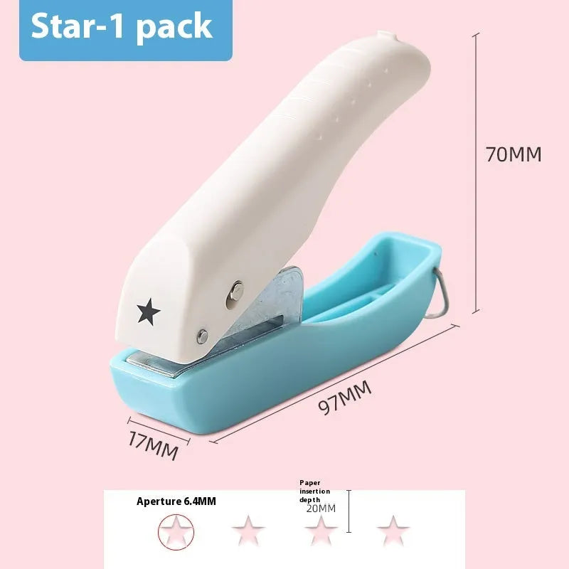 Small manual handheld punching machine with embossed patterns showing Love, Round 4mm, Round 6mm, and Star punch shapes.