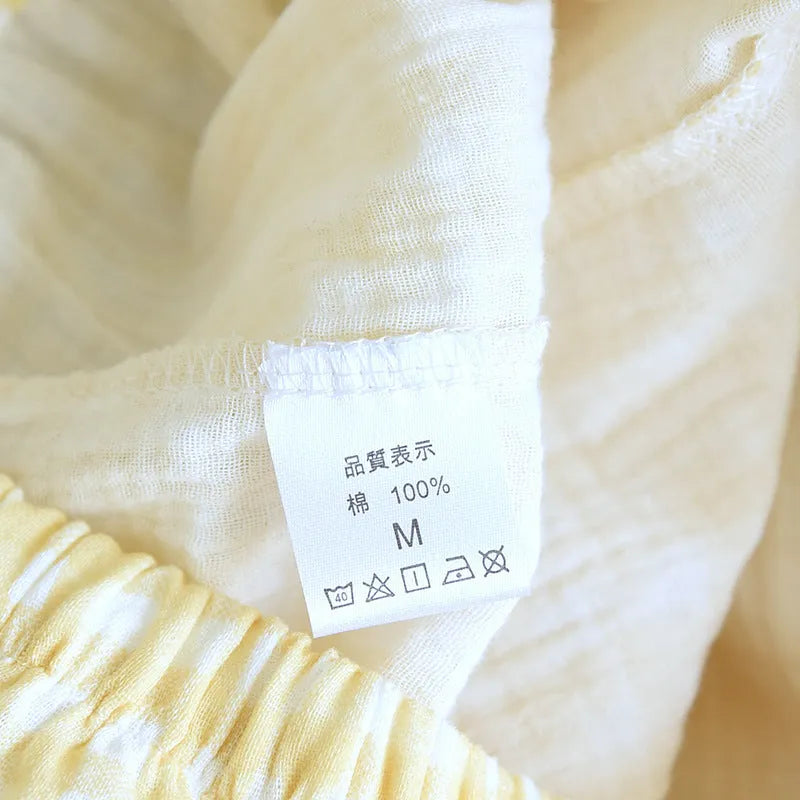 Washed cotton double-layer gauze short-sleeved trousers casual loose outfit in flower sea or yellow plaid colours