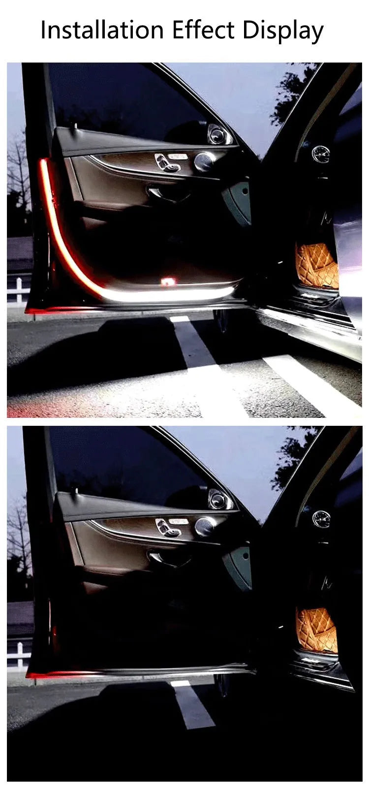Red and white LED car door warning light strip with streamer effect on a car door edge