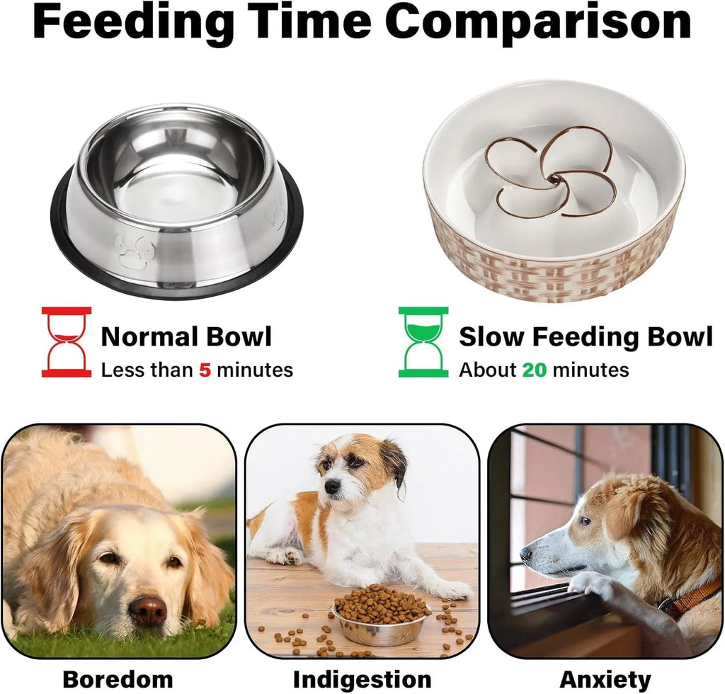 Blue ceramic slow feeder dog bowl with maze pattern and non-slip rubber base for large dogs.
