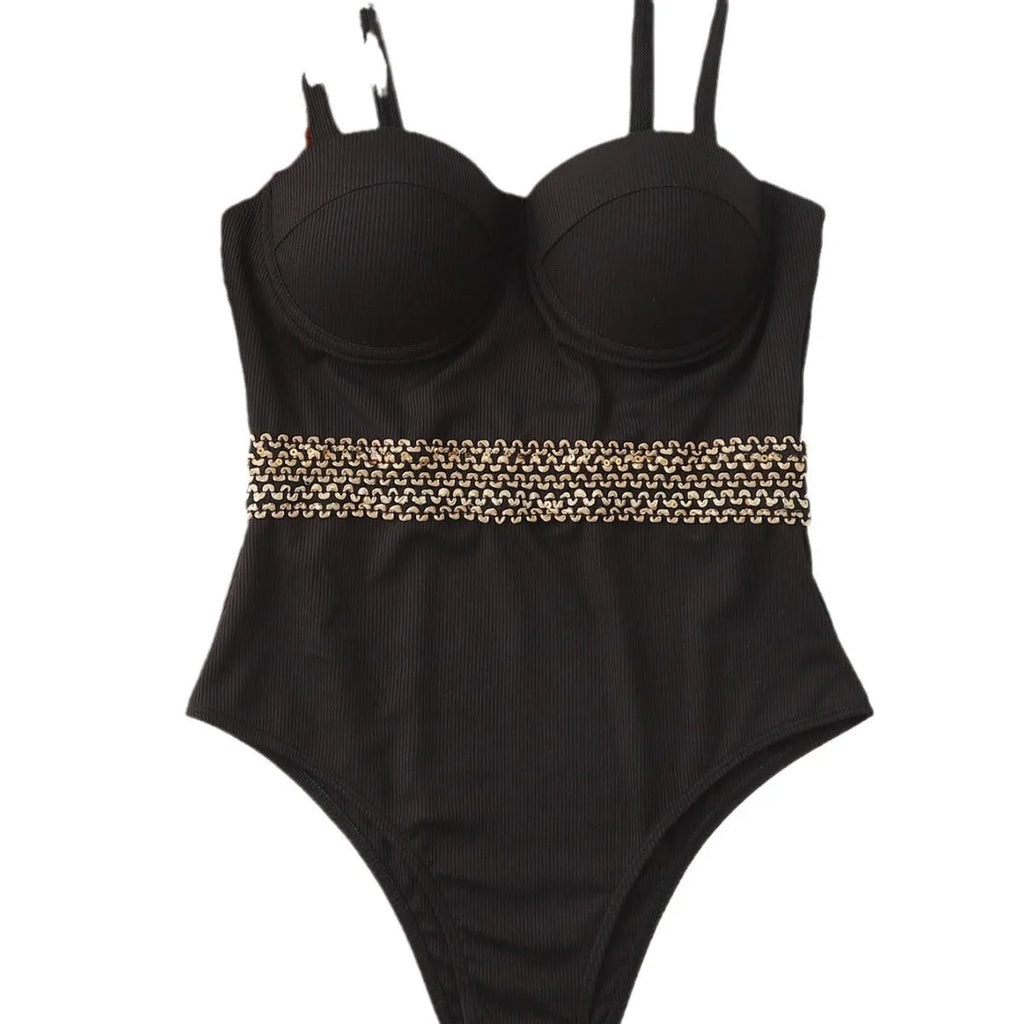 Black women's one-piece swimsuit with adjustable shoulder straps for swimming
