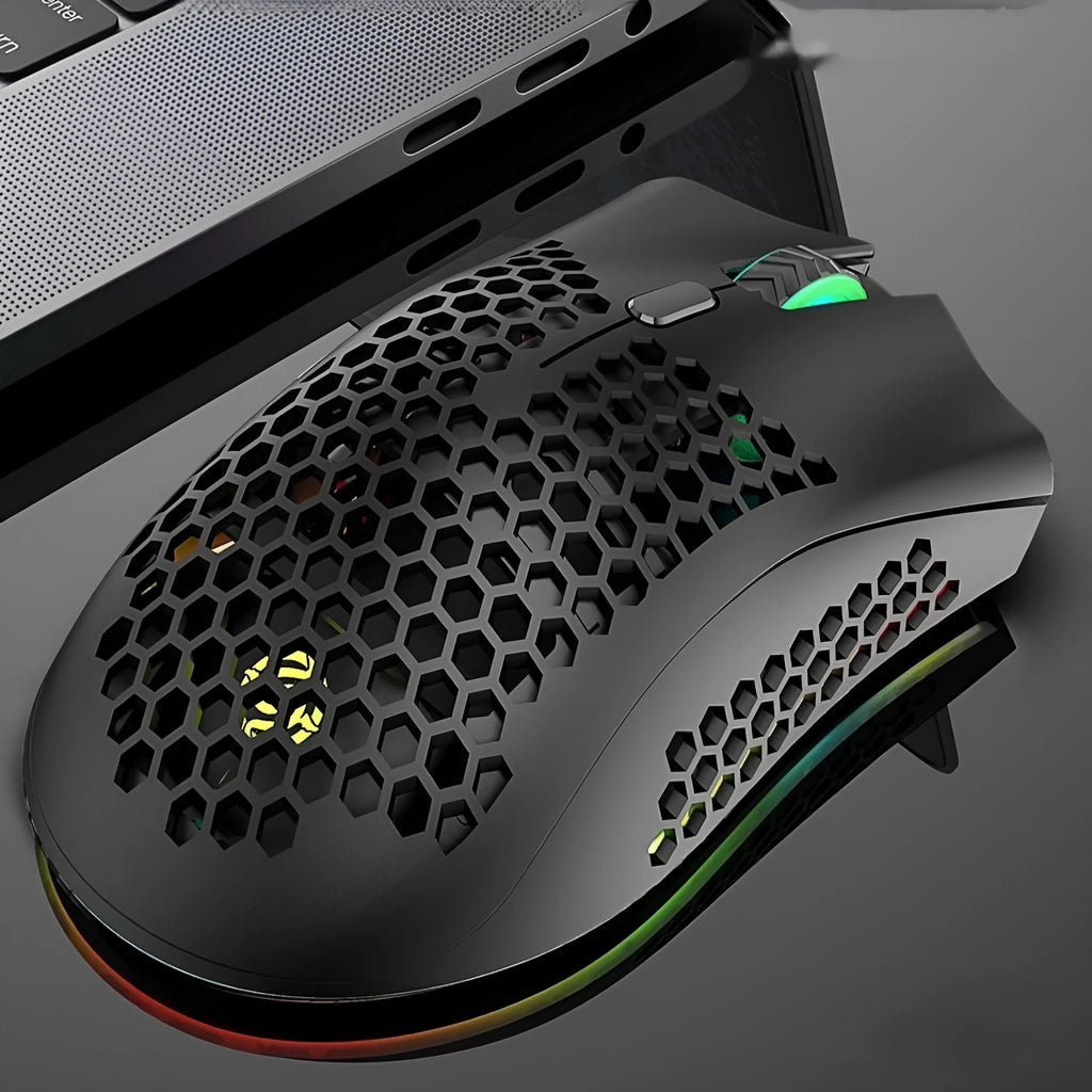 BM600 wireless gaming mouse with luminous hollow-out shell in cyan colour.