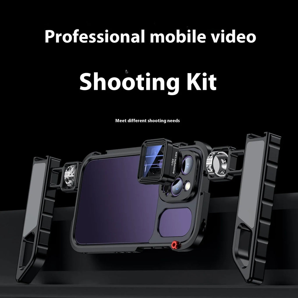 Aluminium alloy camera cage for iPhone Pro models with external filter, fill light, tripod and microphone mounts