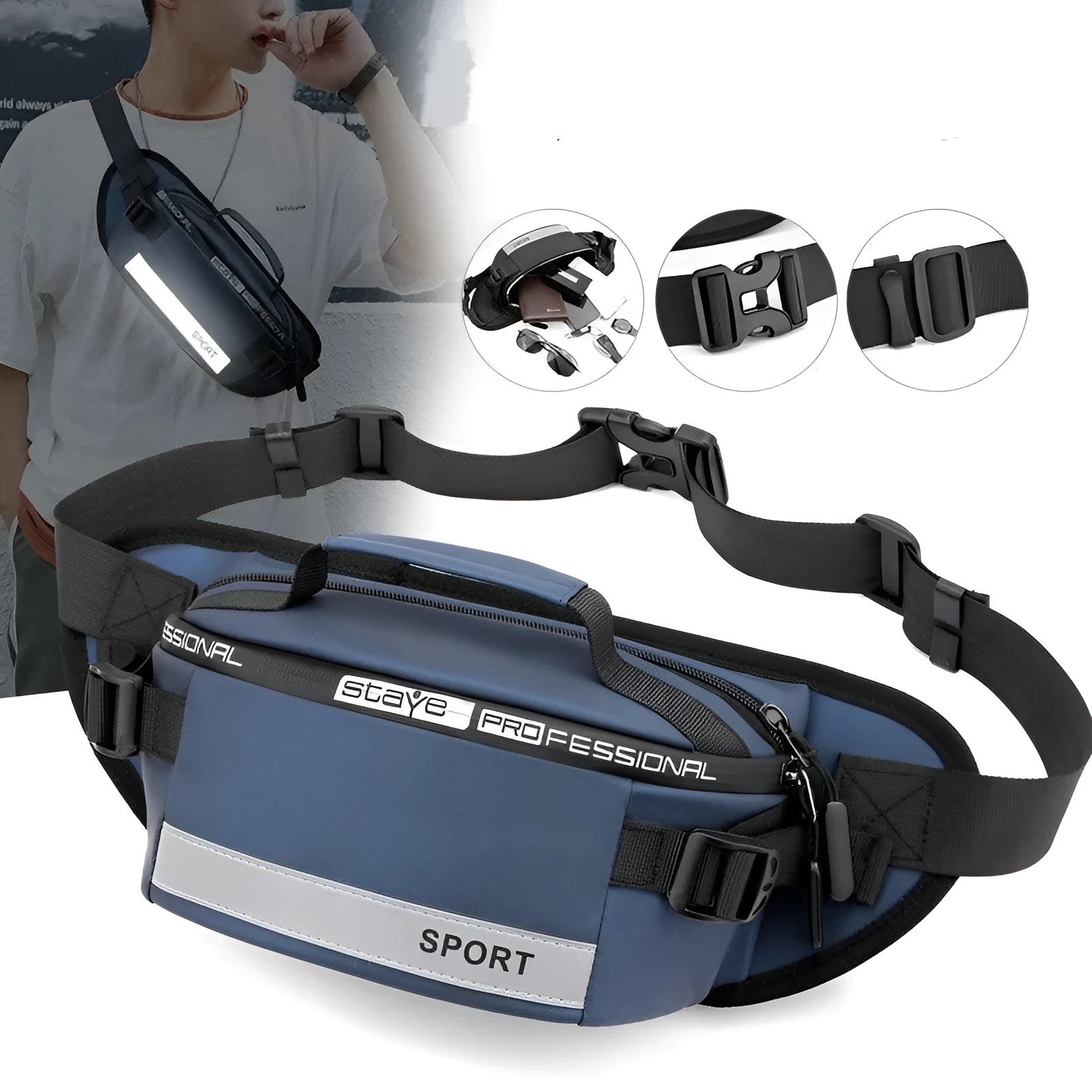 Reflective men's crossbody waist bag in black, small horizontal square shape with zipper closure and nylon waterproof finish