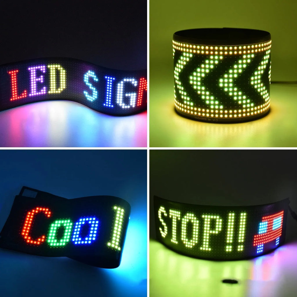 Programmable LED car display showing custom text on bendable ultra-thin screen with USB connection