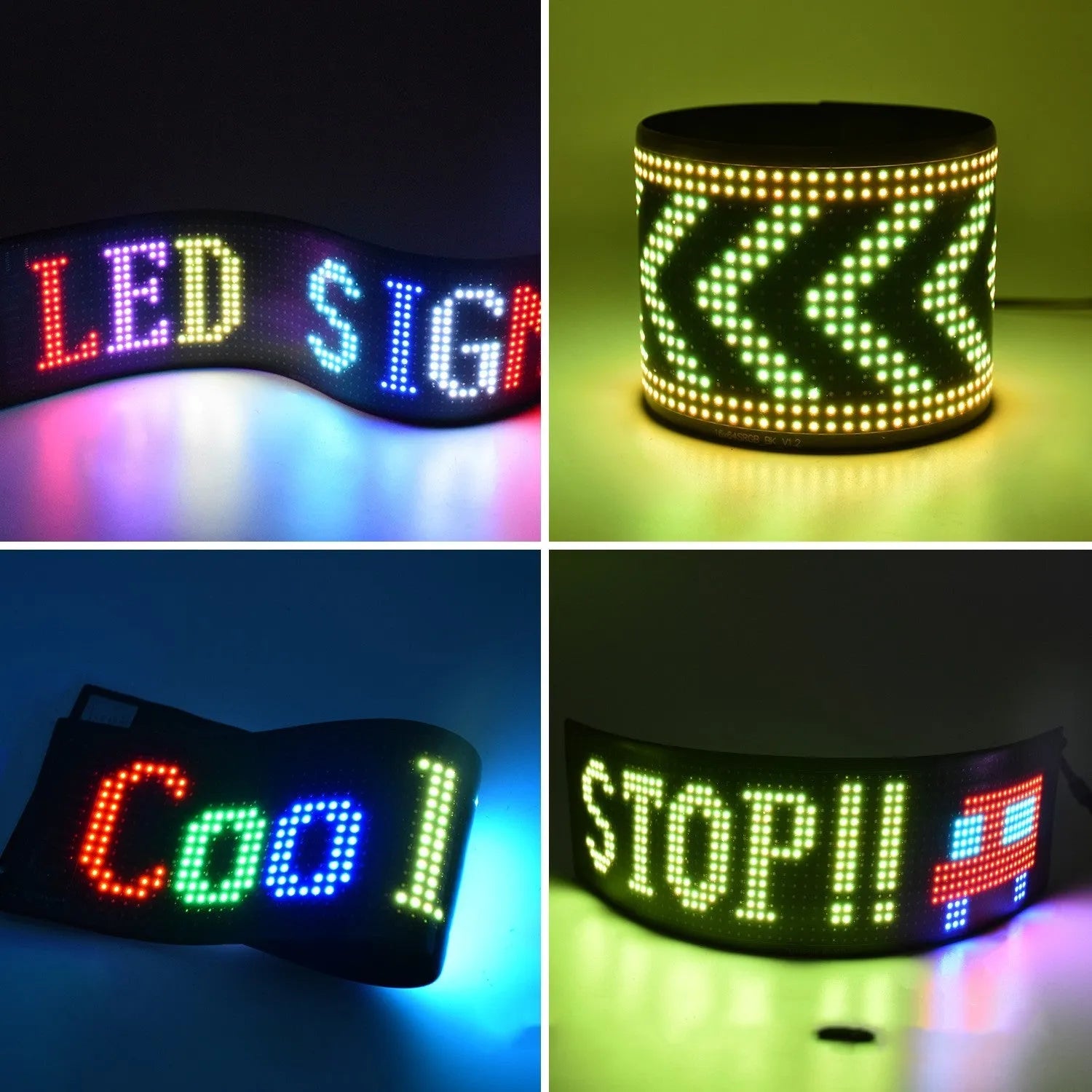 Programmable LED car display showing custom text on bendable ultra-thin screen with USB connection