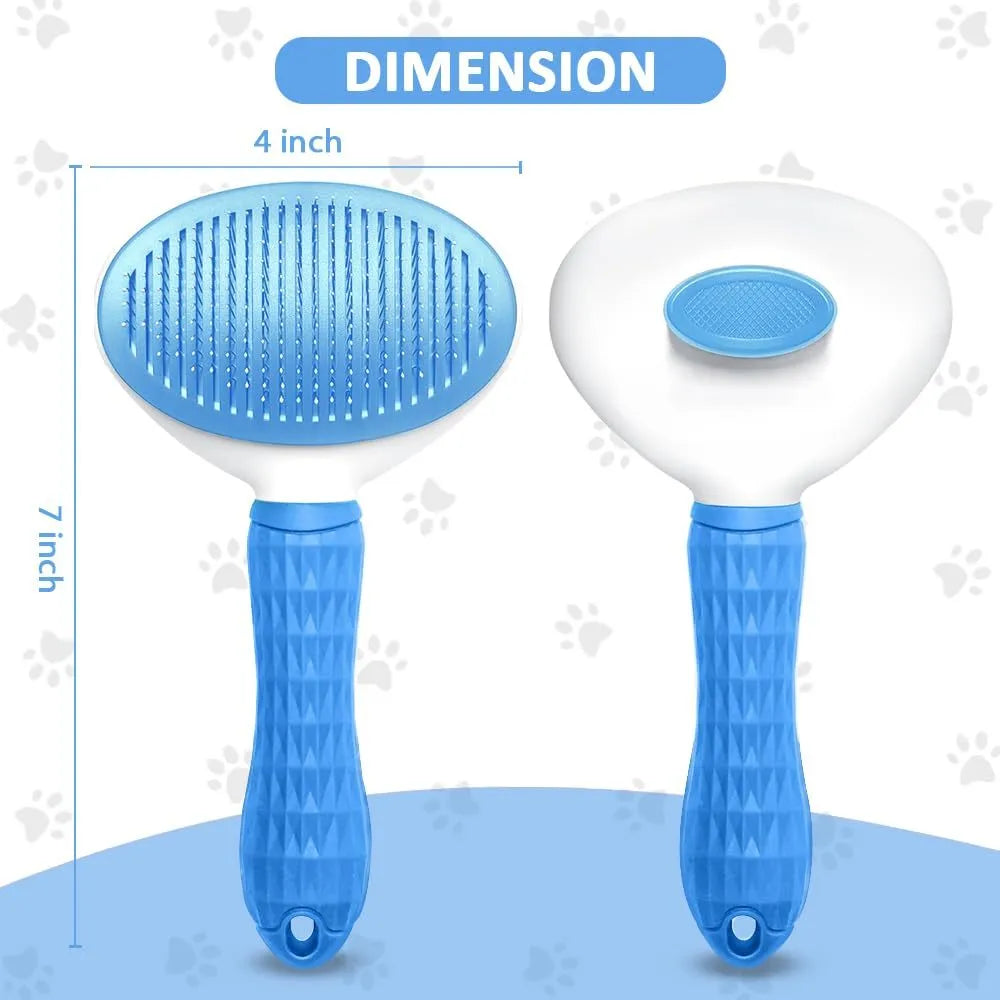 Blue cat grooming brush with release button for removing loose fur on indoor cats