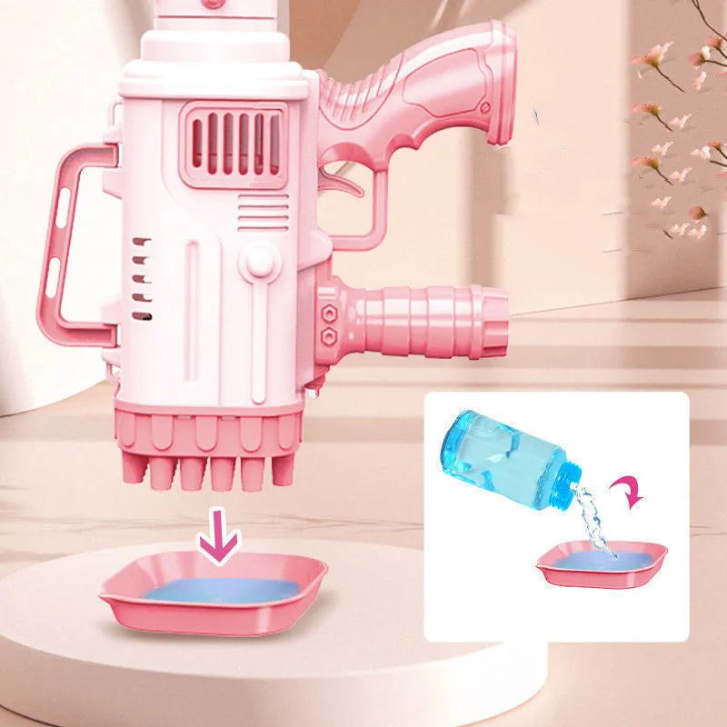 Electric 32-hole bazooka bubble machine gun in cherry pink or sky blue for children's play