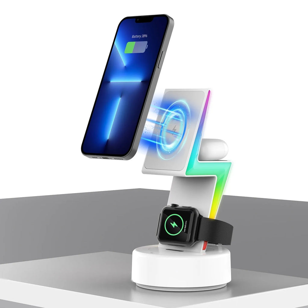 Lightning three-in-one wireless charger in white or black for mobile phone, watch and headset with fast charge and 15 maximum output power