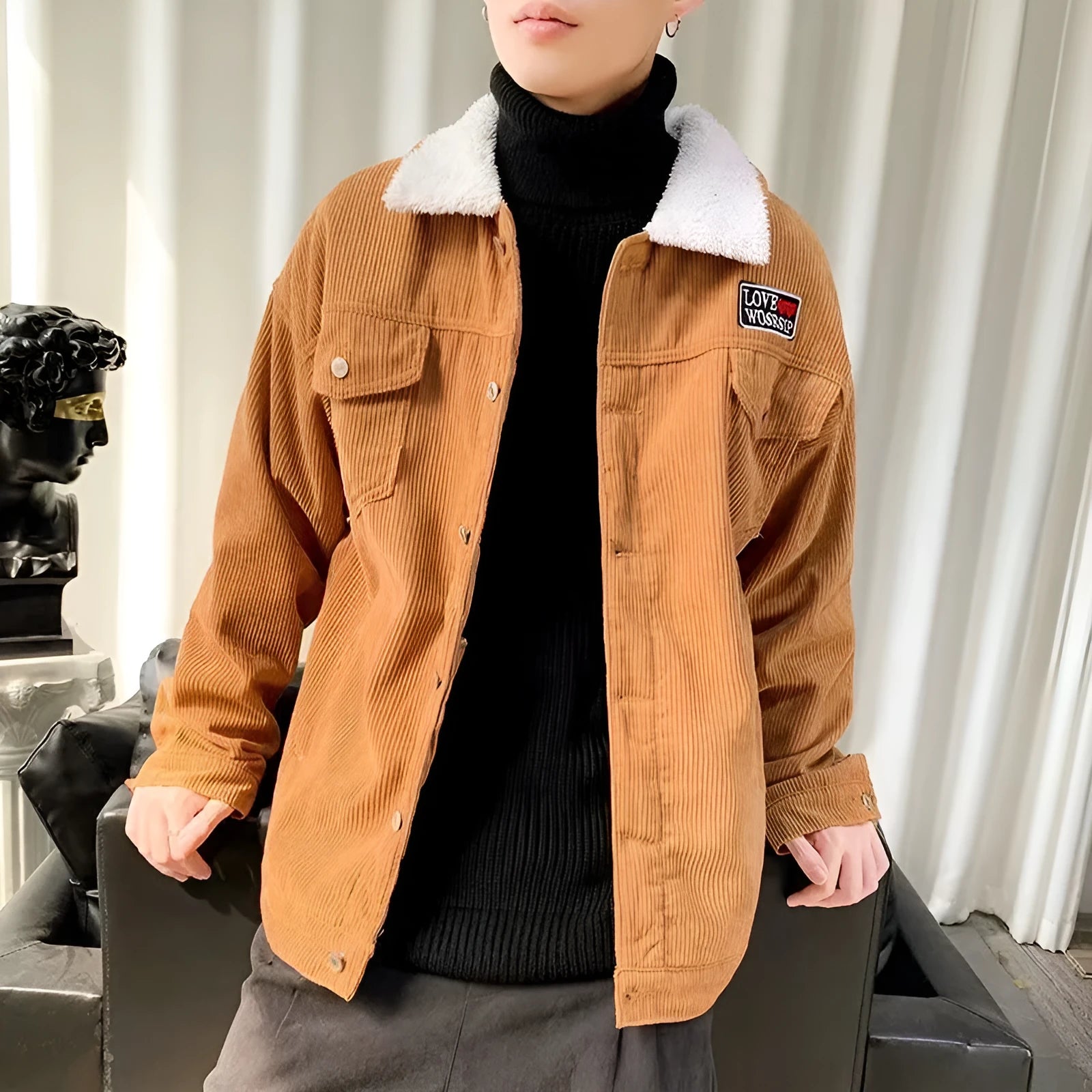 A man's loose-fit corduroy jacket in khaki colour with stick pockets, shown on a hanger.
