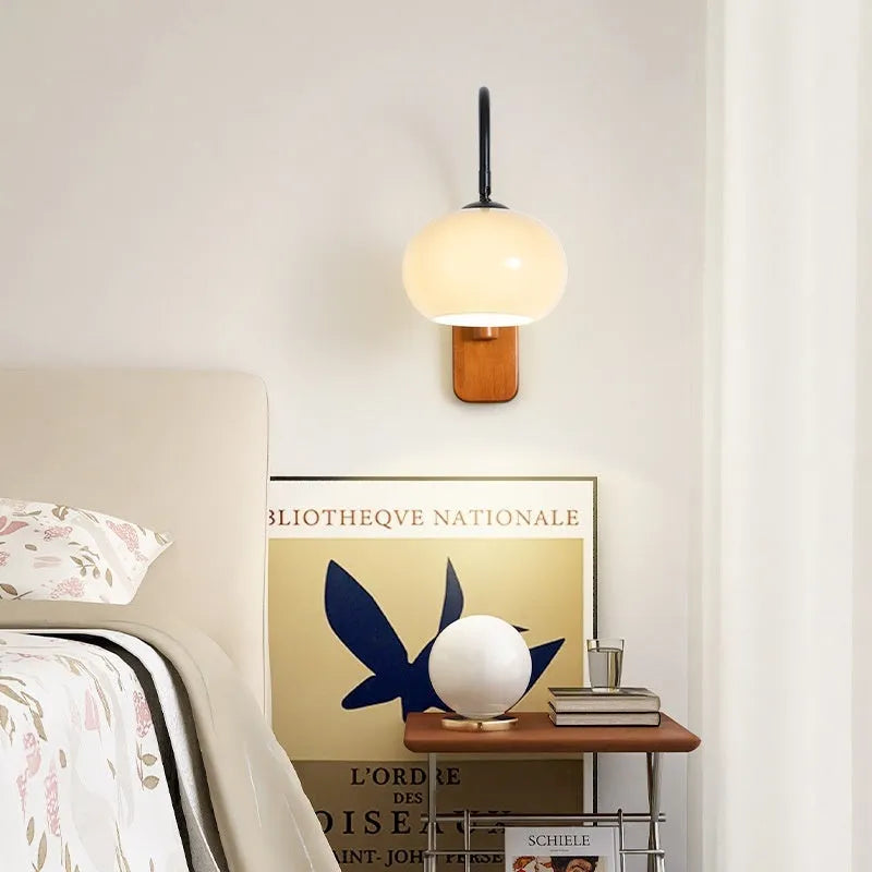 Creative retro glass wall LED lamp with milky white 32cm lampshade and iron body on a wall