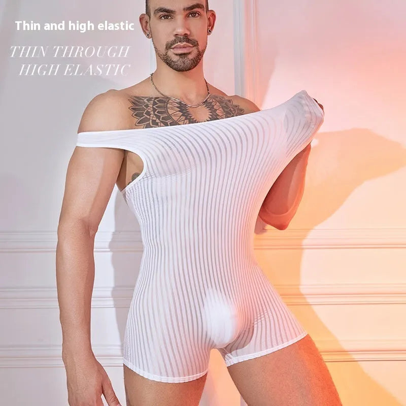 Men's lightweight striped nylon jumpsuit shown in black, dark grey, and white colour options.