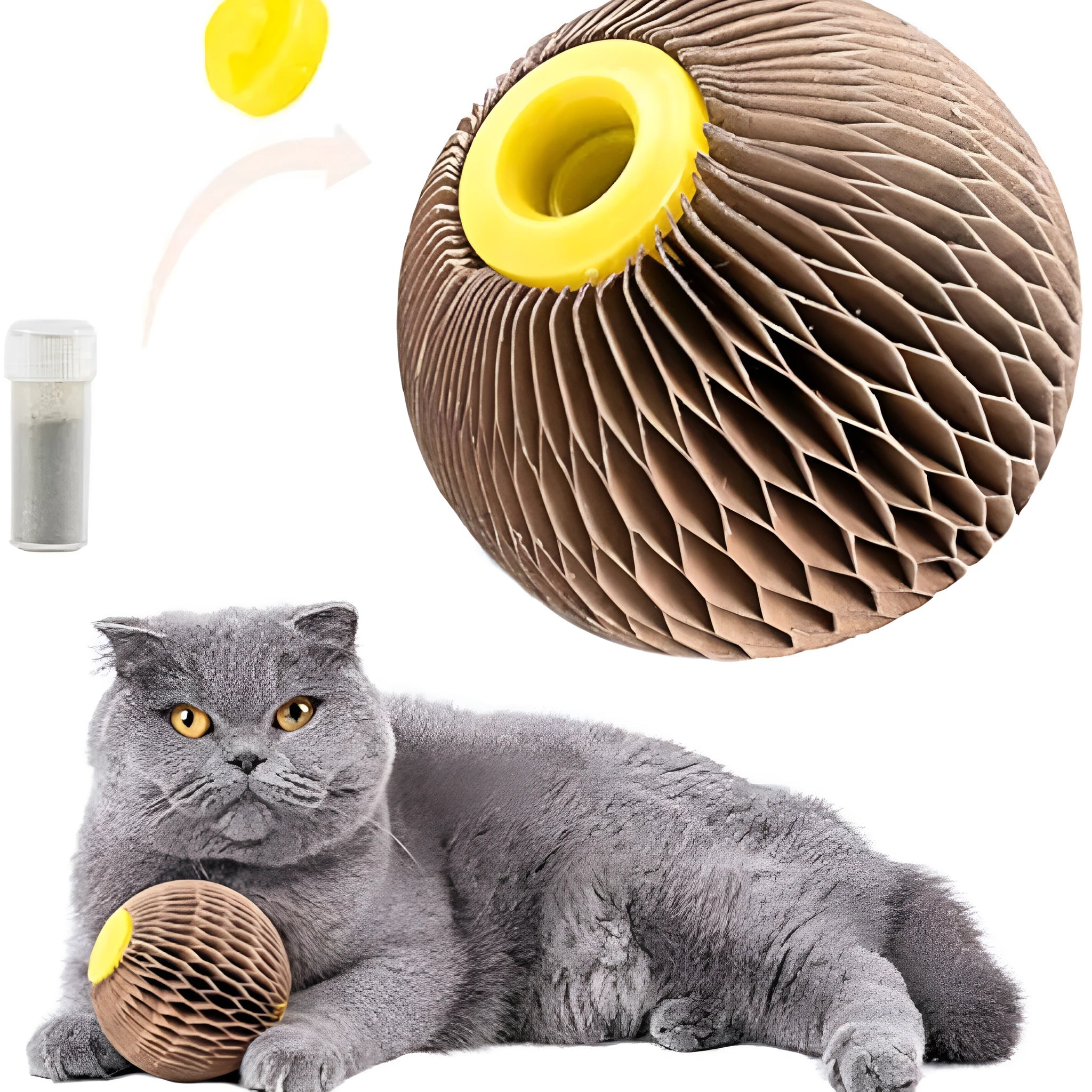 Brown catnip refillable scratch ball made from recycled corrugated paper with natural catnip included, 76mm size, on wooden floor