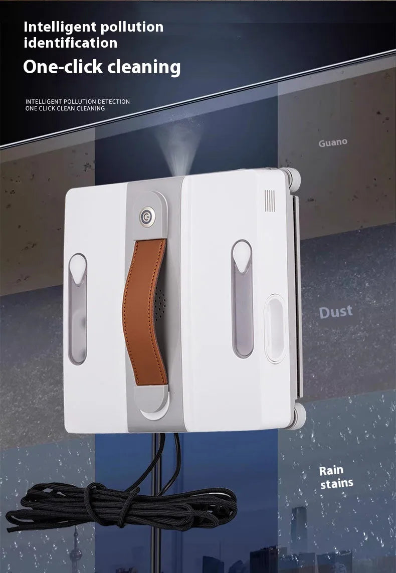 White intelligent window cleaning robot with a square 220mm body on a glass window pane.