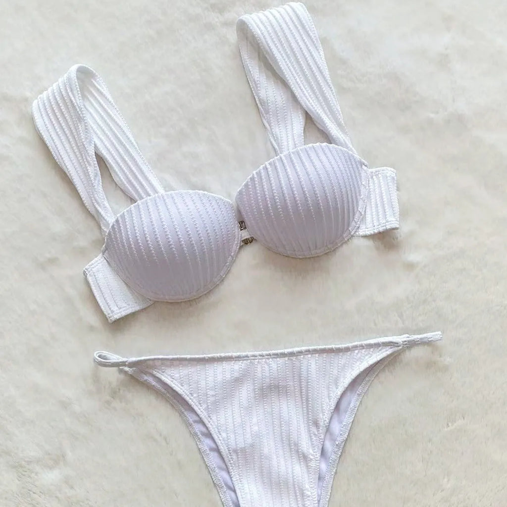 Women's white bikini push-up swimsuit with nylon spandex fabric, brief style bottom, sizes S M L