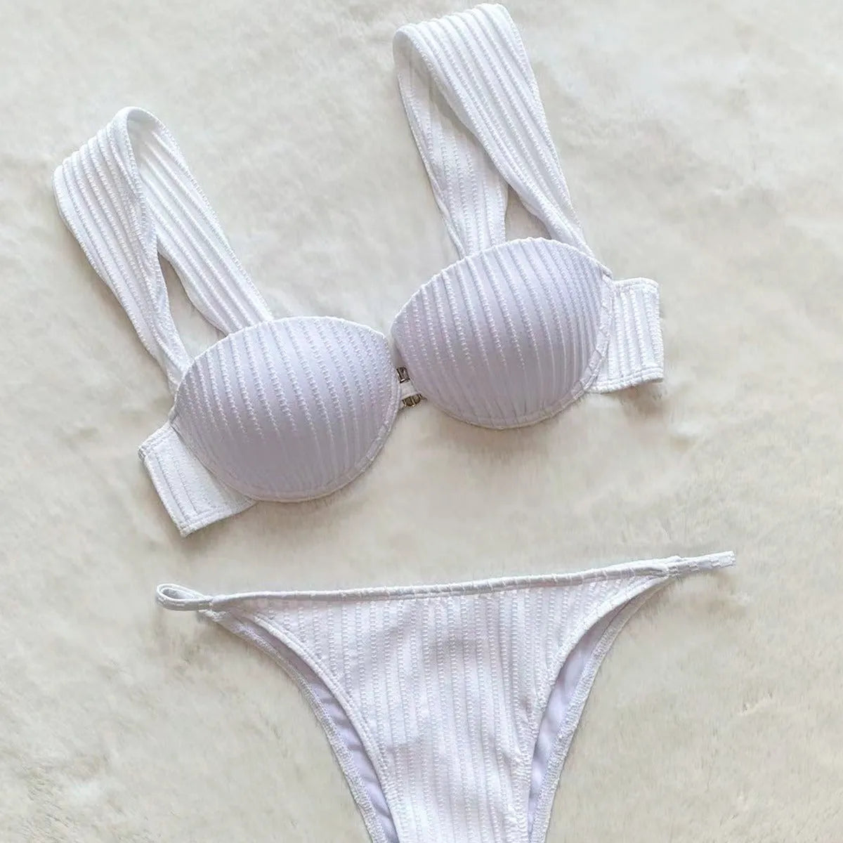 Women's white bikini push-up swimsuit with nylon spandex fabric, brief style bottom, sizes S M L