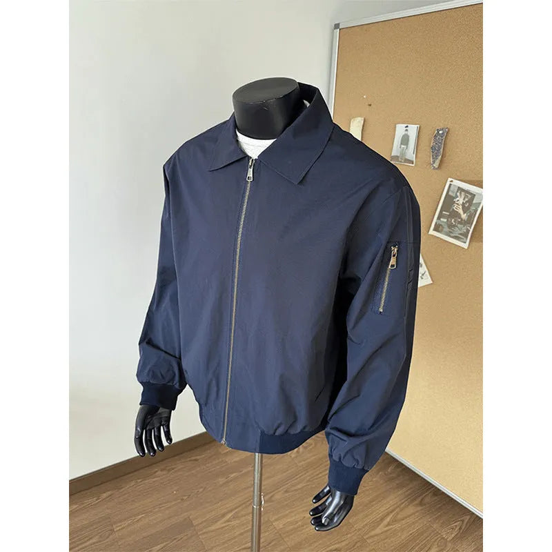 Navy blue short baseball uniform jacket, loose fit, polyester lining, sizes M to XXL