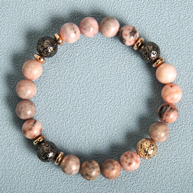 Pink zebra natural stone beaded bracelet with haematite spacers and round geometric beads