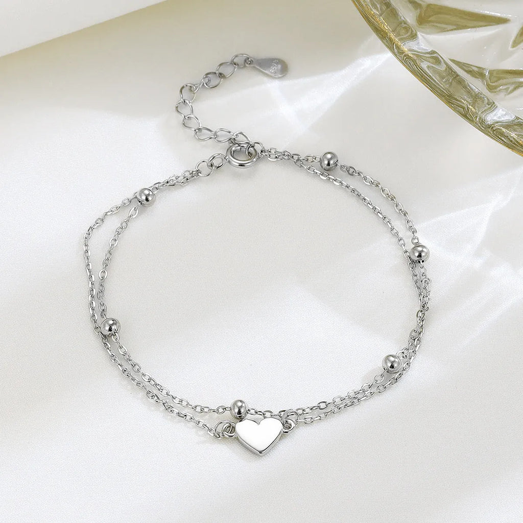 S925 sterling silver double-layer heart bracelet women's simple style silver colour adjustable chain