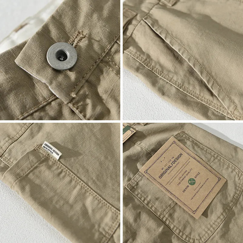 Men's straight leg casual cotton trousers in apricot, brown, or army green.