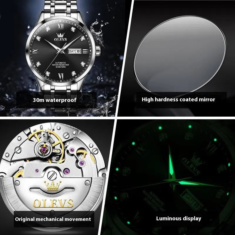 Men's waterproof automatic mechanical watch with 13mm stainless steel case and bracelet on white background
