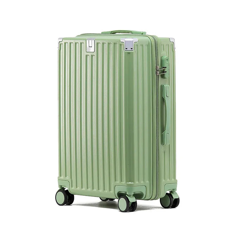 Aluminium frame trolley suitcase in avocado green with multi-functional pockets and USB port.