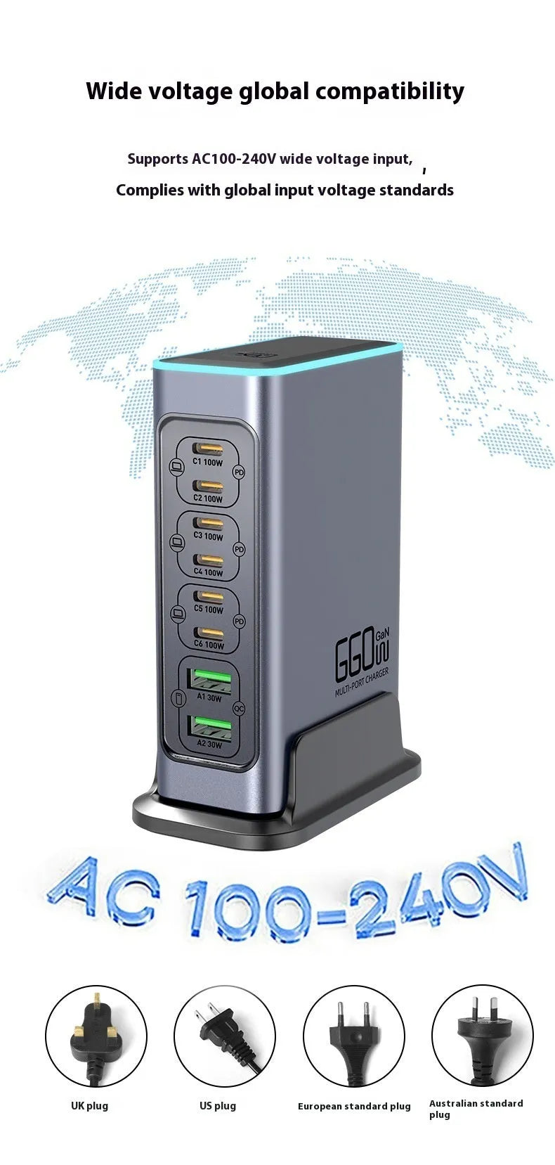 660W gallium nitride multi-port desktop fast charger with interchangeable US, EU, UK, and AU plug heads.
