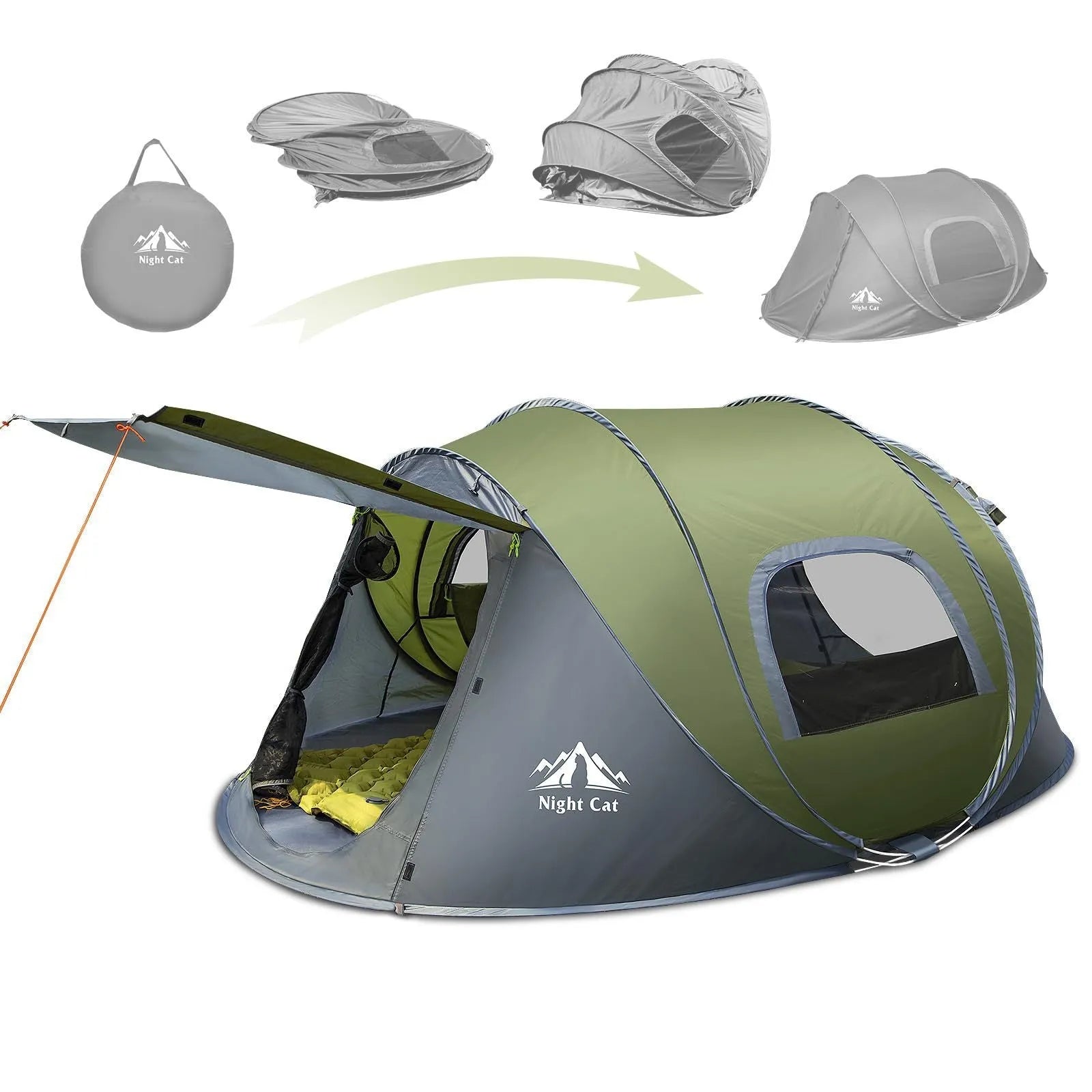 Dark green automatic camping tent for two people with a compact design.