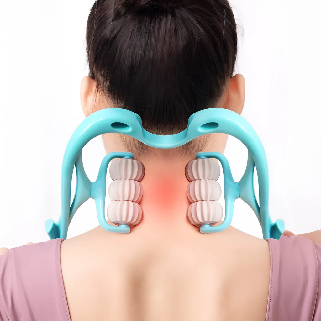 Blue swan-shaped manual neck massager with six wheels and a natural crystal jade scraping board on a white background.
