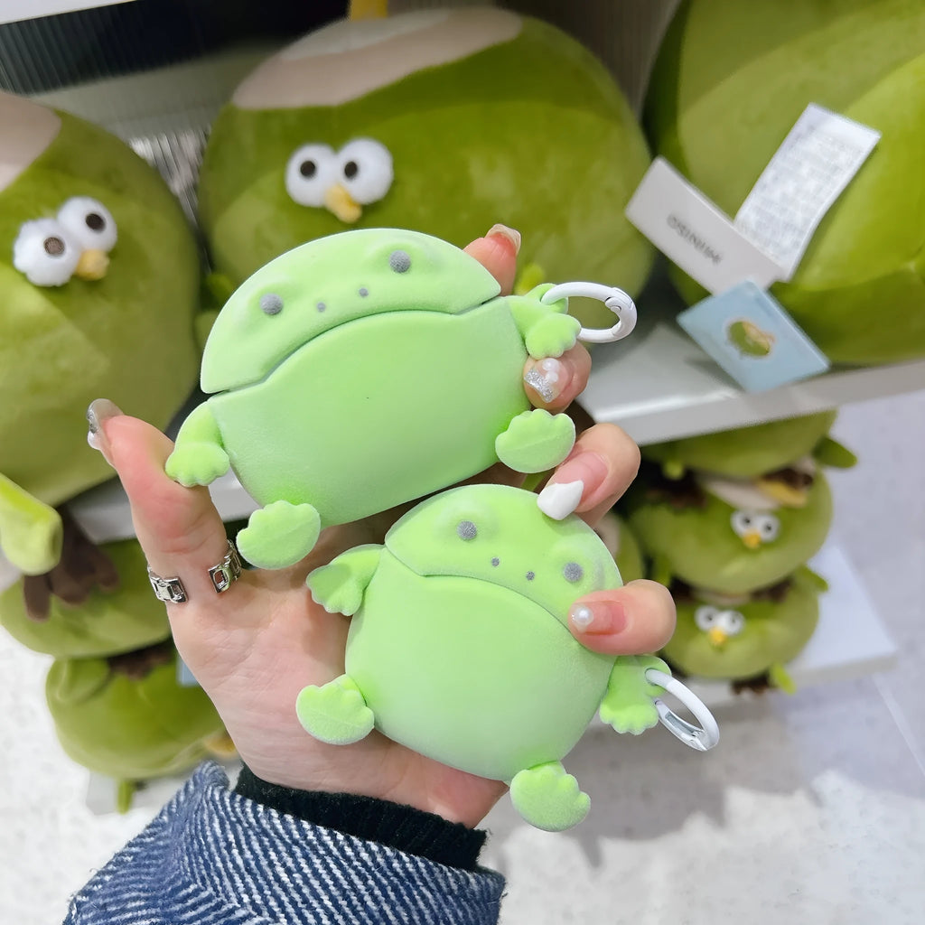 Flocking frog TPU earphone protective case for AirPods with embossed cartoon design and lanyard option