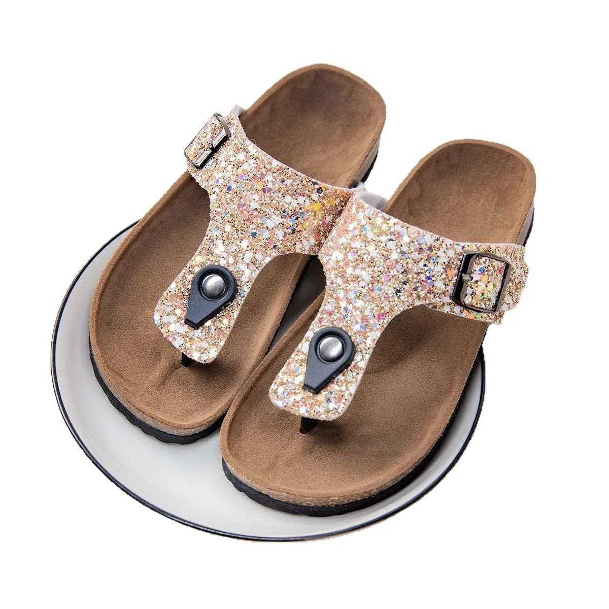 Cork flip-flops couples shoes in pink, silver, or gold with PVC soles and hollow-out design