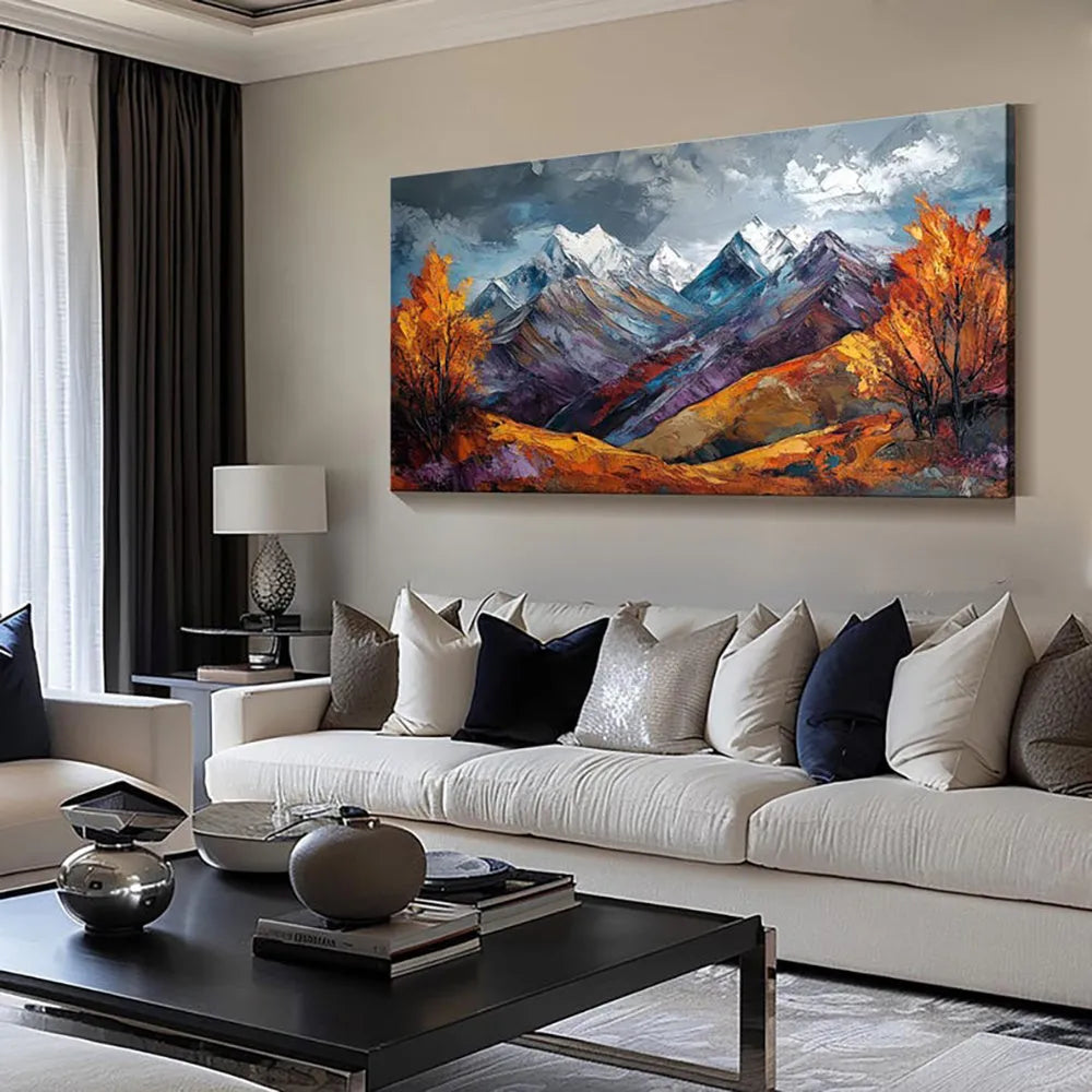 Handmade oil painting on canvas of a snow mountain and autumn scenery, frameless and rolled for home wall decor