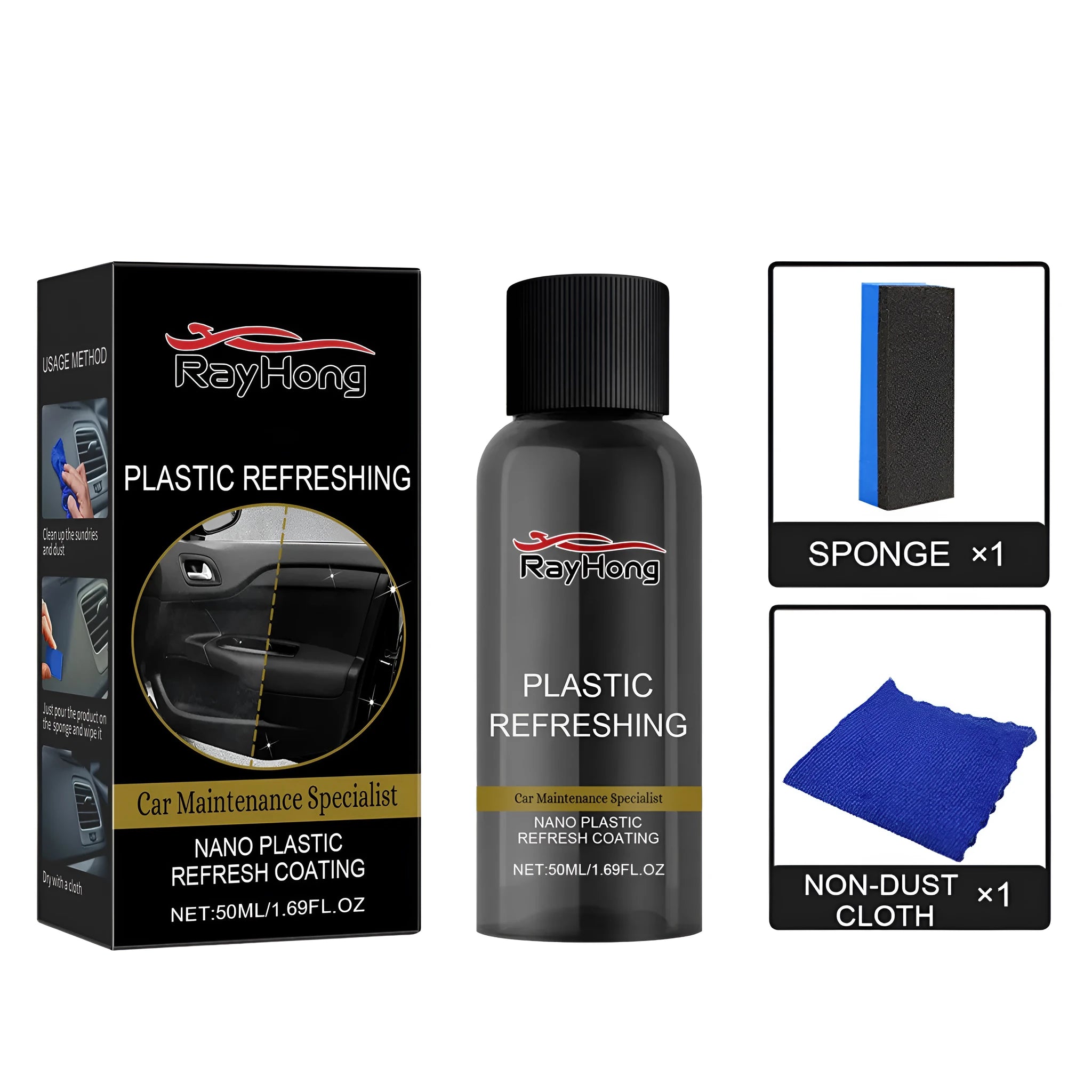Nano plastic refresh coating kit with bottle, sponge and towel for car headlight and trim restoration